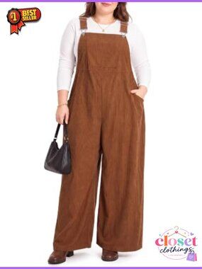 Plus Size Corduroy Overalls Adjustable Straps Pockets Fall Jumpsuit